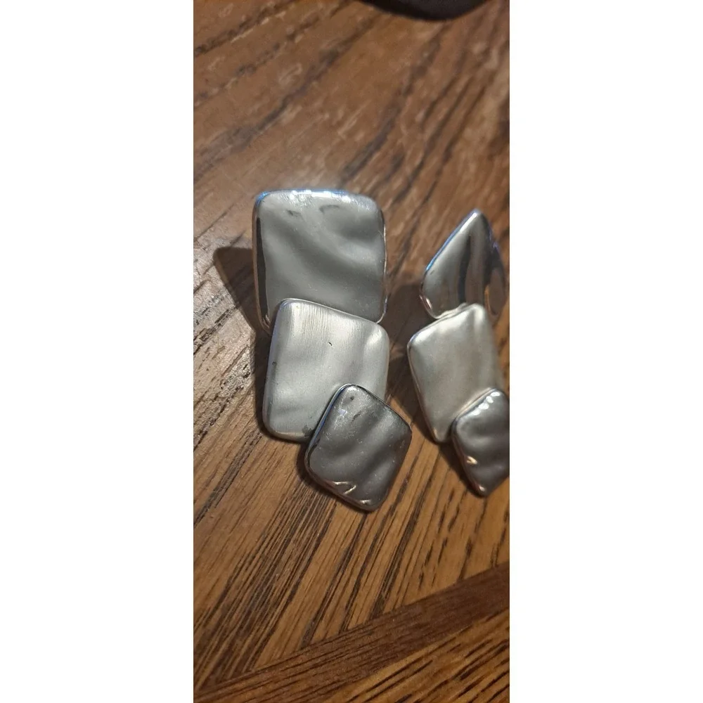Silver Tone Dangle Earrings, 3 Squares‎ Layered, Chunky
